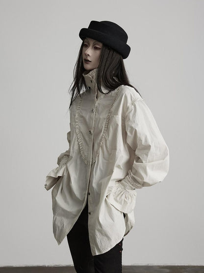 INDULGE Elegant Pleated Loose Fit Stand Collar Long Sleeve Cotton Blend Daily Blouses