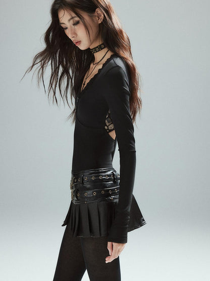 Low pixel Soft Lyocell Stretch Slim Urban Panel V-neck Black Long Sleeve Crop Tops