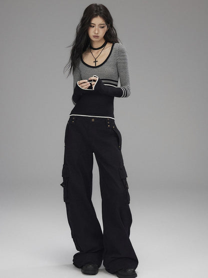 Low pixel Washed Low Rise Wide Leg Utility Loose Fit Womens Black Cargo Pants