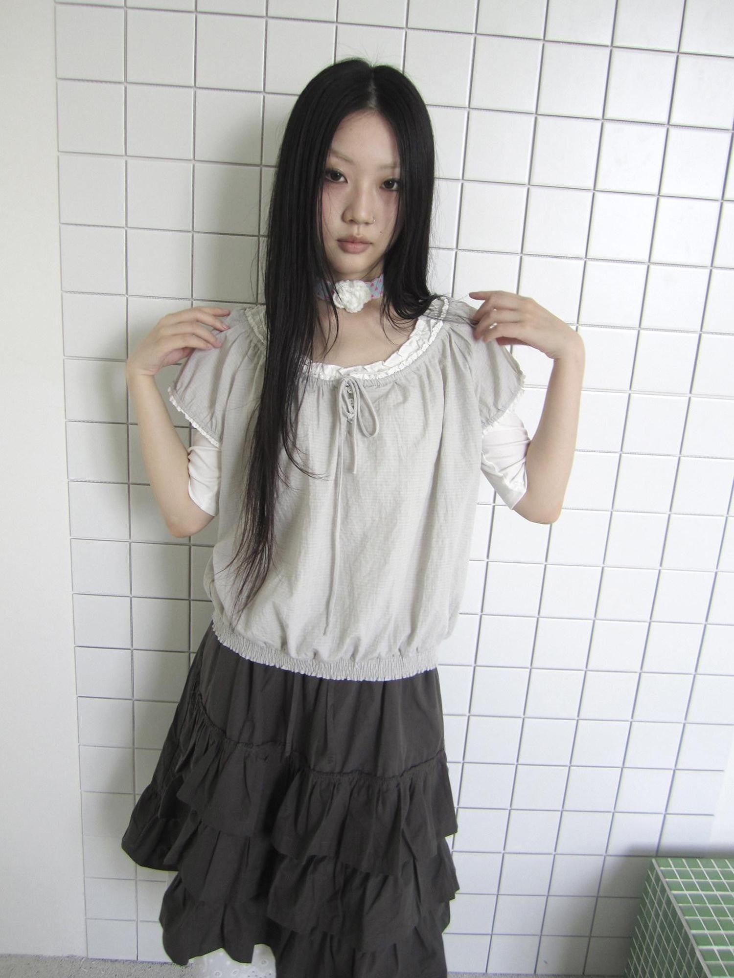 ang project Textured Lace Splice Drawstring Tie Women&