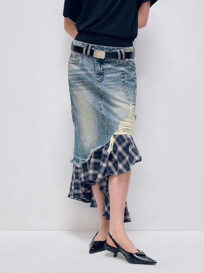 RUN TO THE FUTURE Vintage Patchwork Distressed Low Waist Slim A Line Denim Women Midi Skirts