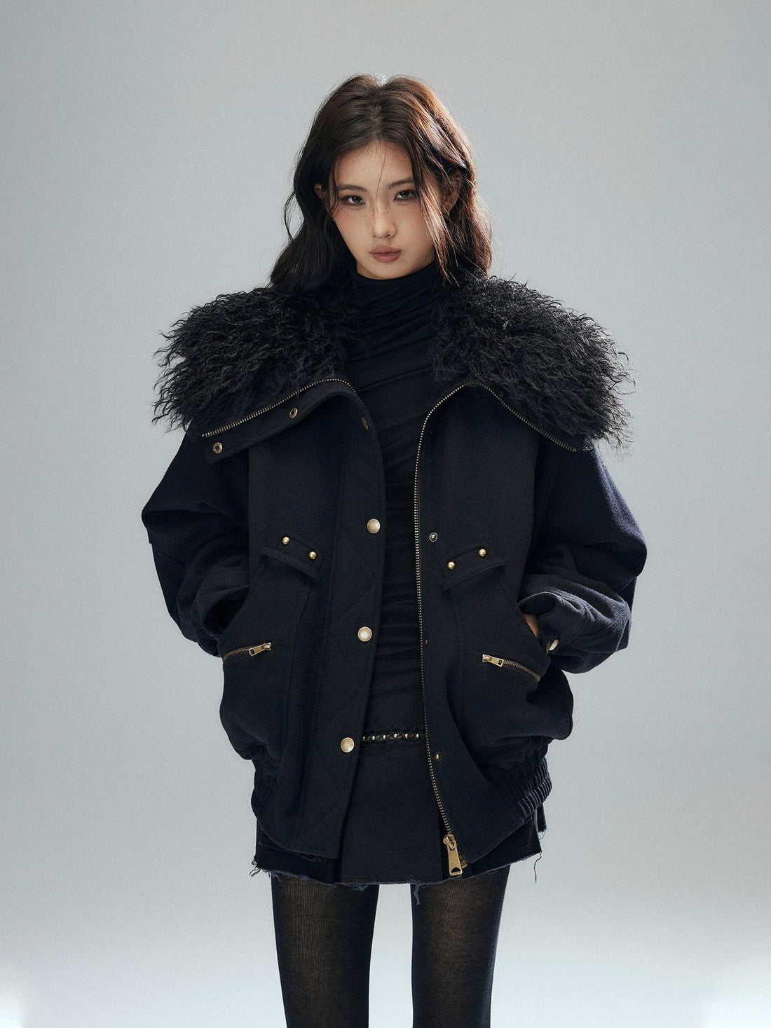 Low pixel Thick Wool Blend Multi Pocket Loose Fit Sexy Girl Black Zipper Cropped Jackets