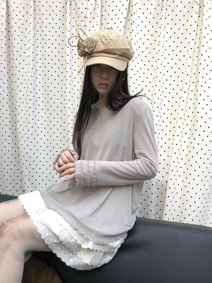 ang project Mocha Sheer Mesh Layered Ruffle Round Neck Women&