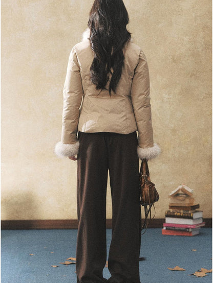 7Shiftin Warm Down Filled Plush Fur Collar Slim Fit Button Cropped Women Knit Sweaters