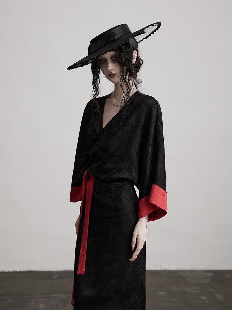 INDULGE Gothic V-neck Viscose Flared Loose Casual Womens Black Trench Coats