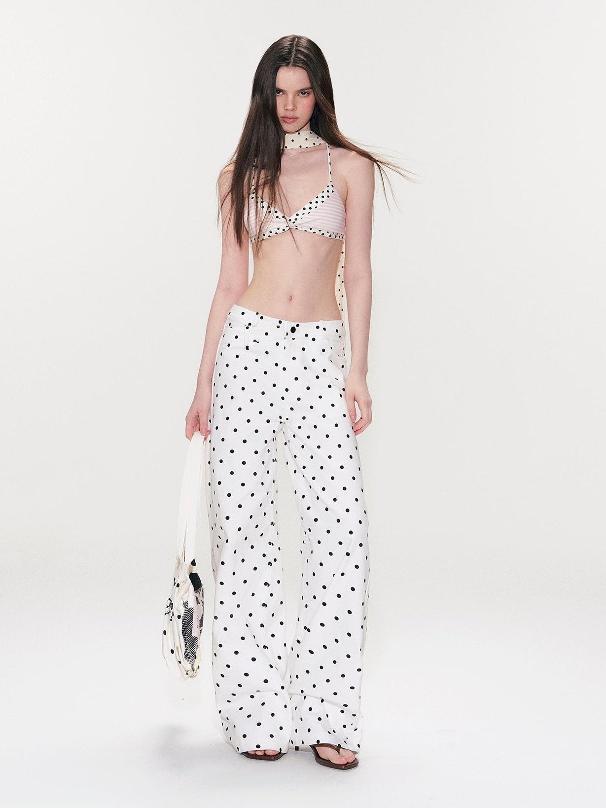 The NeverMore White Polka Dot V Waist Loose Fit Button Fly Women Denim Straight Leg Jeans