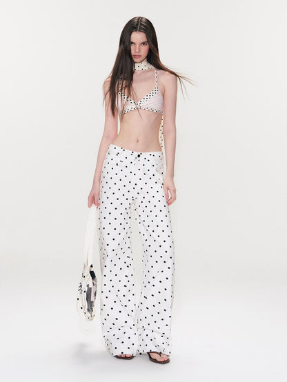 The NeverMore White Polka Dot V Waist Loose Fit Button Fly Women Denim Straight Leg Jeans