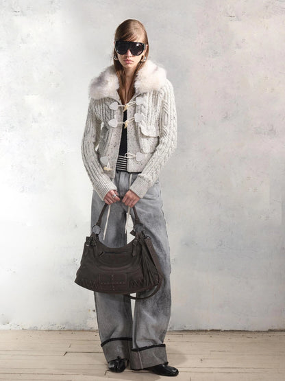 100 Percent Wool Cable Knit Vintage Loose Fit Collared Button Up Women Cardigan