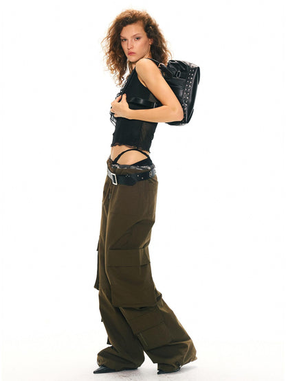 2th Desire Army Green Detachable Cargo Mid High Waist Vintage Women&