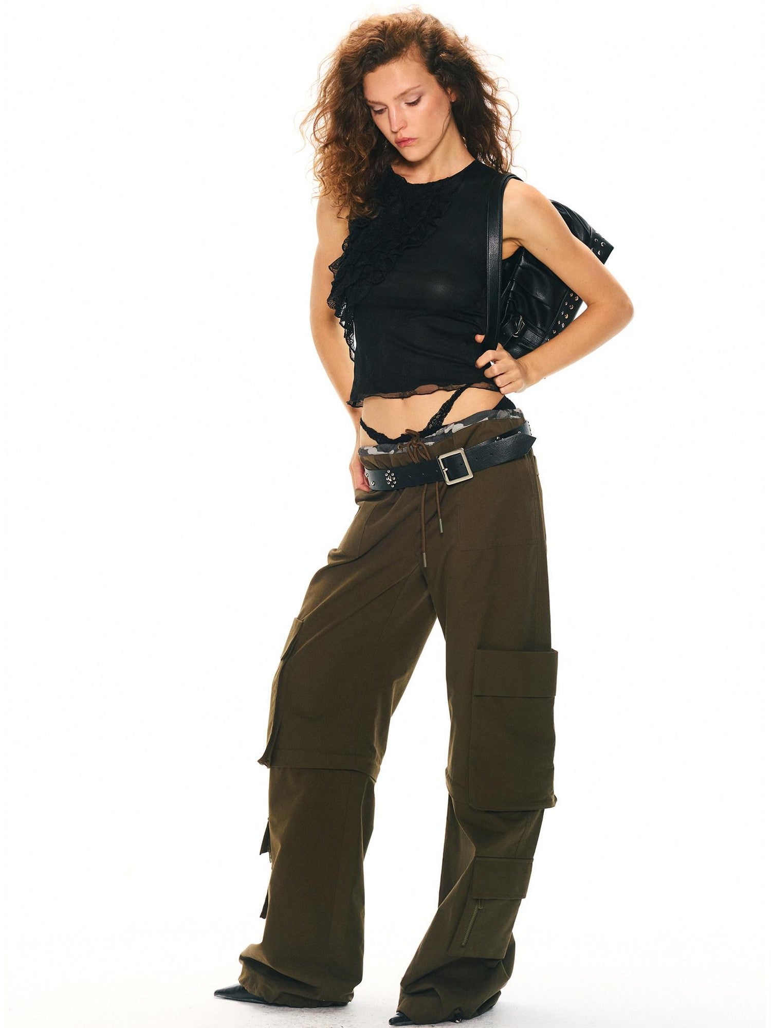 2th Desire Army Green Detachable Cargo Mid High Waist Vintage Women&