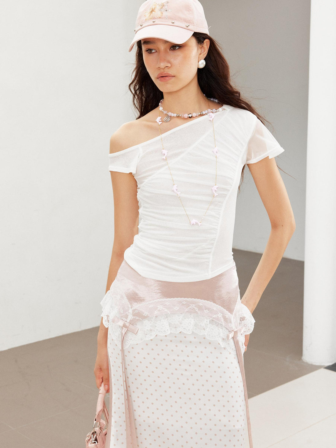 2th Desire Asym Detachable Necklace Mesh Ruffle Sleeve Fitted Tee