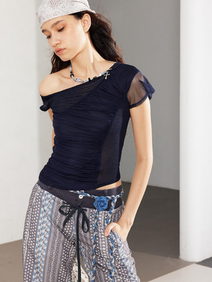 2th Desire Asym Detachable Necklace Mesh Ruffle Sleeve Fitted Tee