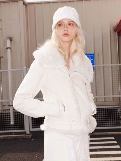 Asym Faux Fur Collar Short Padded Biker Jacket