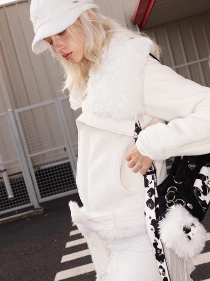 Asym Faux Fur Collar Short Padded Biker Jacket