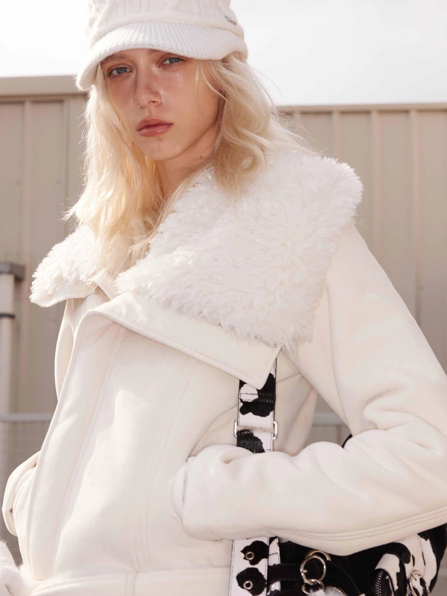 Asym Faux Fur Collar Short Padded Biker Jacket