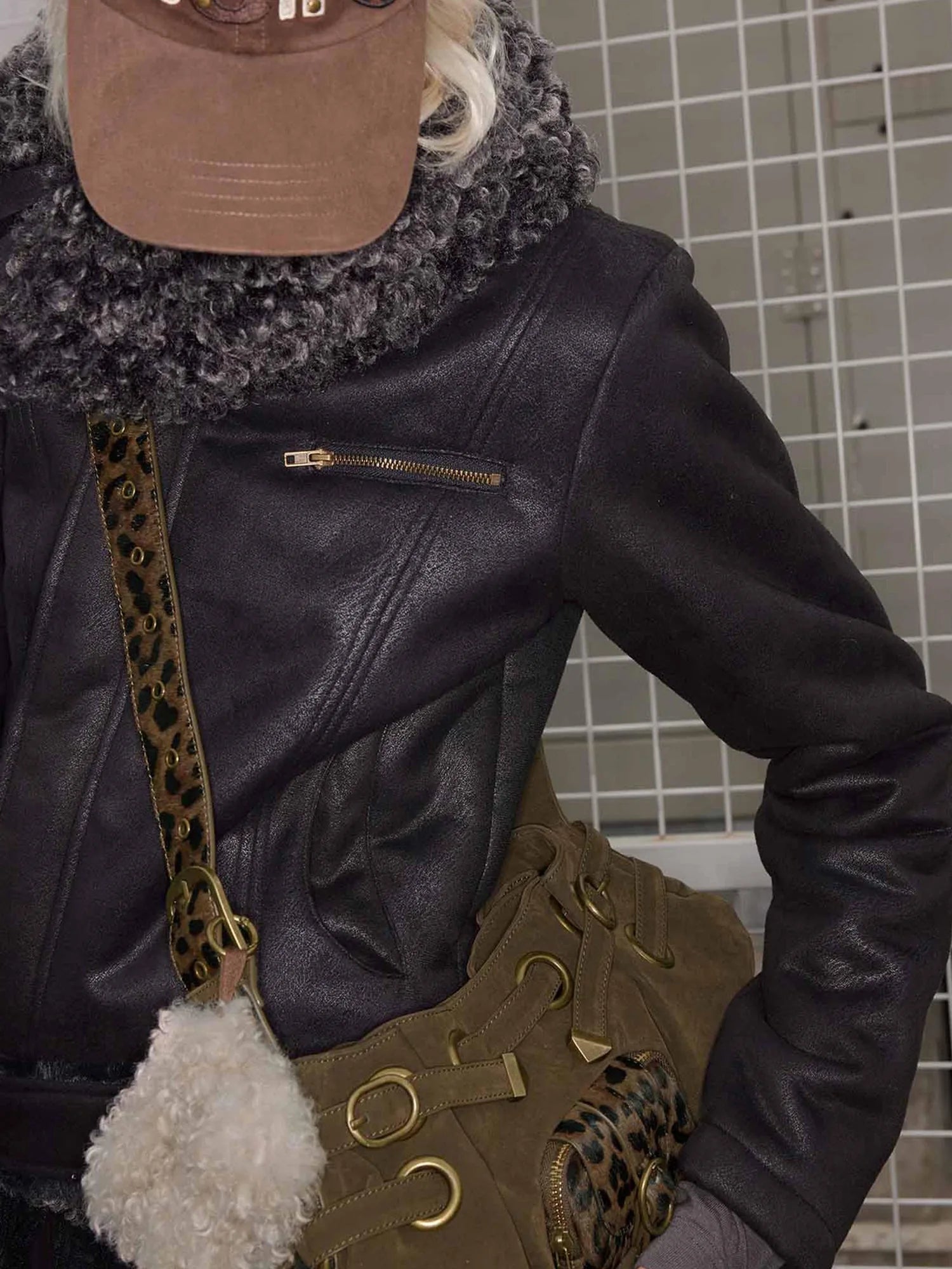 Asym Faux Fur Collar Short Padded Biker Jacket