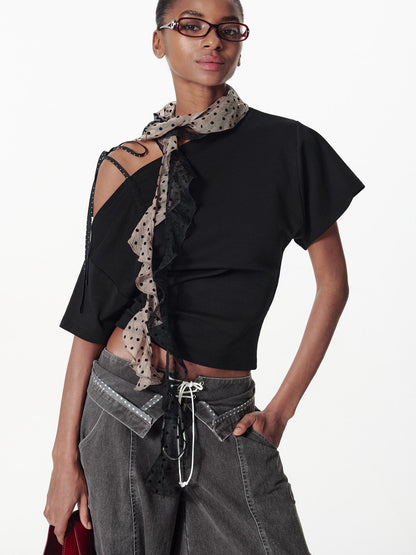 2th Desire Asymmetric Color Block Dot Tie Front Batwing Sleeve T Shirt