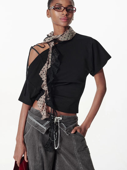 Asymmetric Color Block Dot Tie Front Batwing Sleeve T Shirt