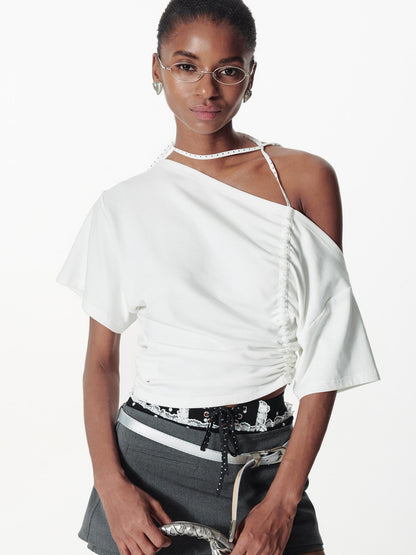2th Desire Asymmetric Color Block Dot Tie Front Batwing Sleeve T Shirt