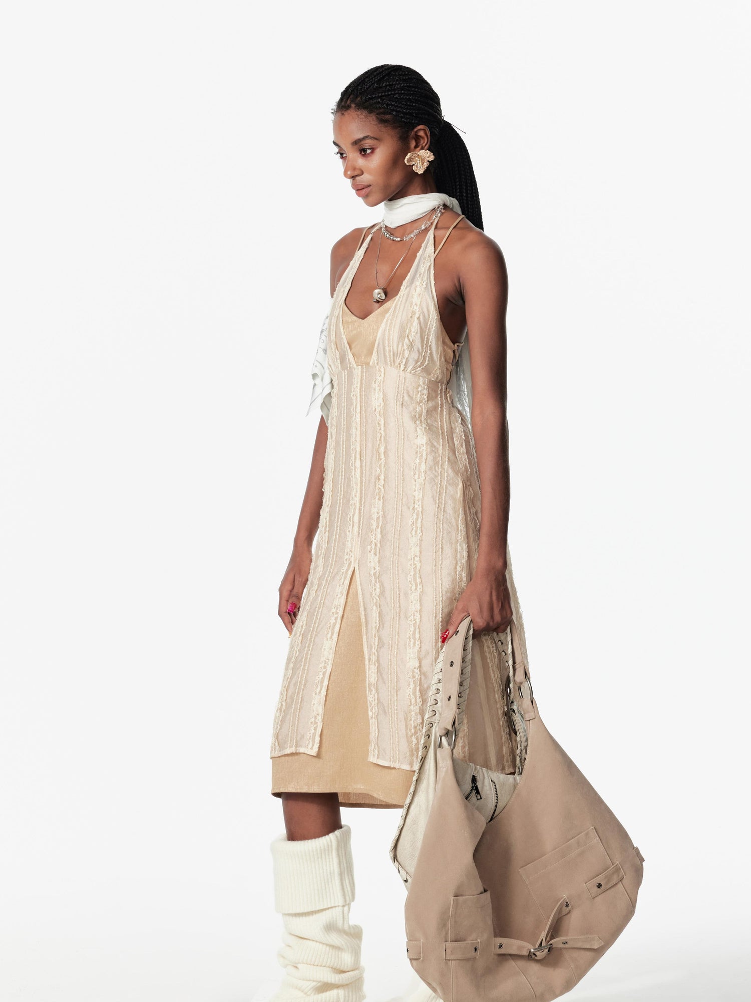 2th Desire Backless Double Layer Lace Tie Slip Dress