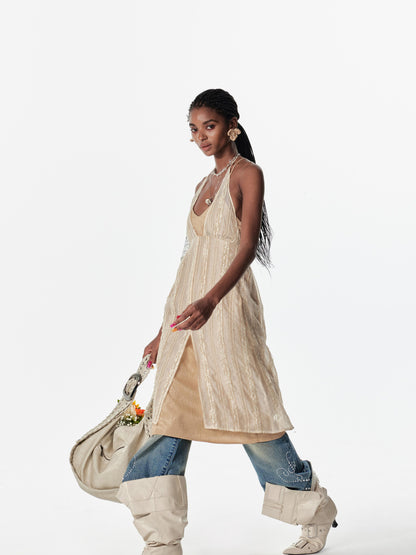 2th Desire Backless Double Layer Lace Tie Slip Dress
