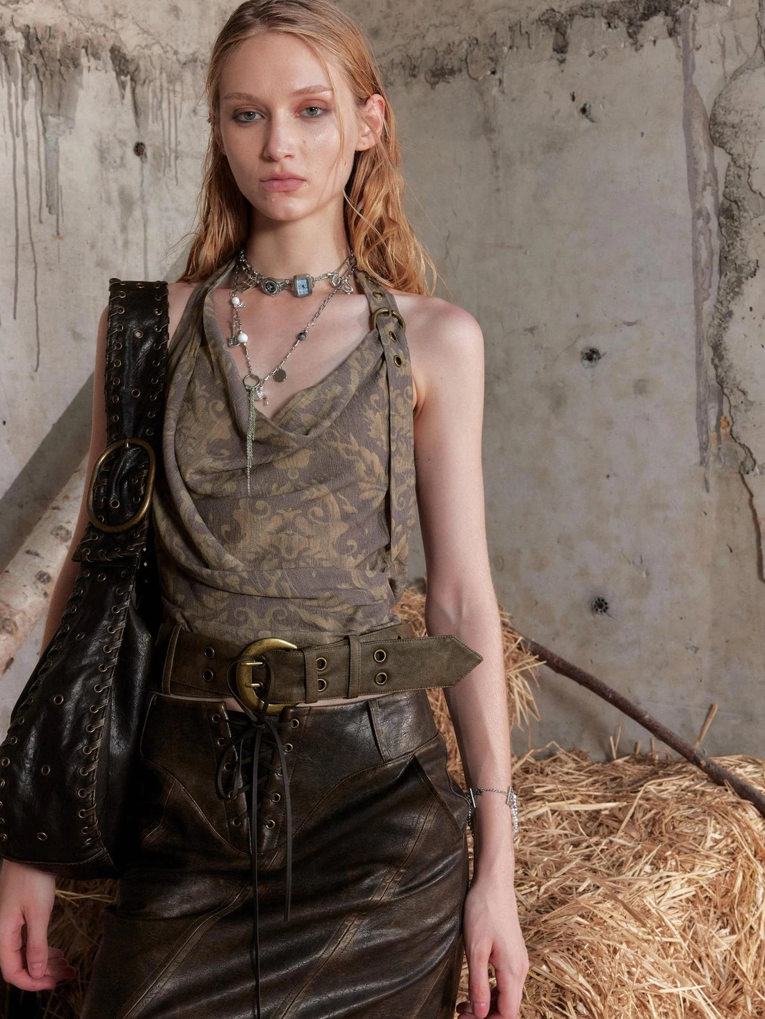 2th Desire Backless Halter Cropped Slim Fit Patchwork Print Women Versatile Tank Top