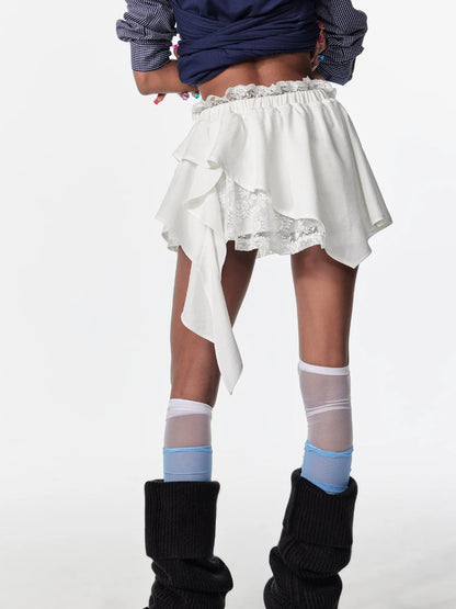 Ballet Floral Lace Ruffle Asymmetrical Drawstring Mini Skirt