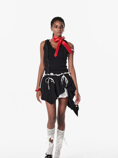 2th Desire Ballet Floral Lace Ruffle Asymmetrical Drawstring Mini Skirt