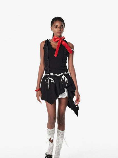 Ballet Floral Lace Ruffle Asymmetrical Drawstring Mini Skirt