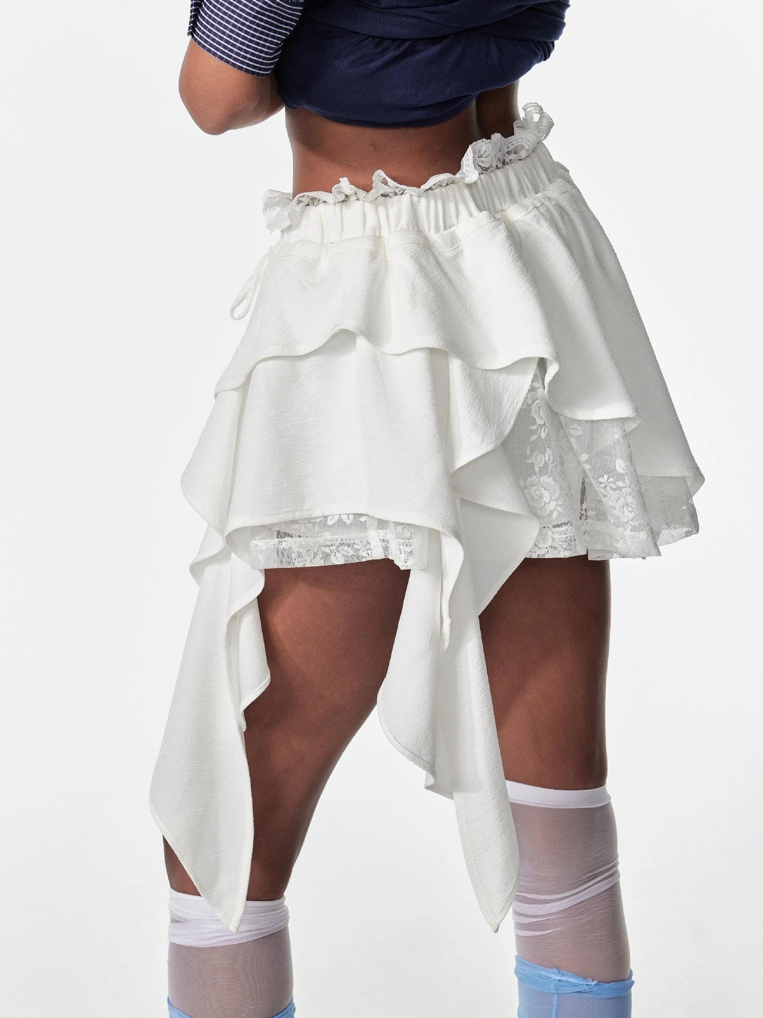 Ballet Floral Lace Ruffle Asymmetrical Drawstring Mini Skirt