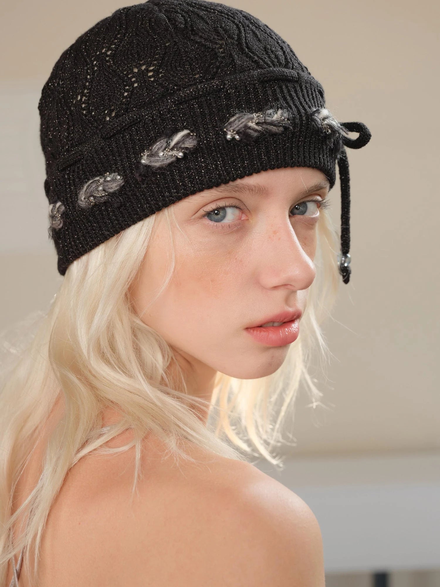 Bow Knot Beaded Lace Up Hollow Knit Headband