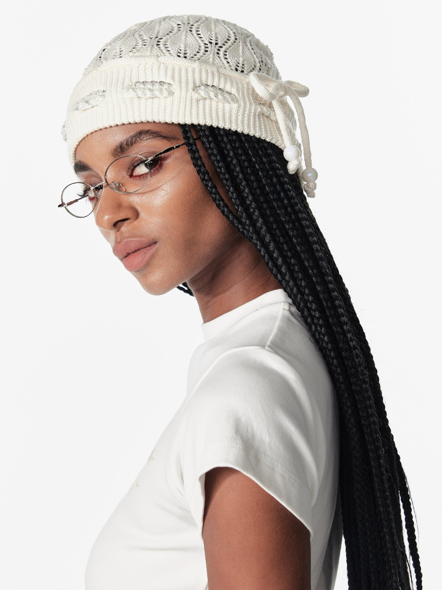 2th Desire Bow Knot Beaded Lace Up Hollow Knit Headband