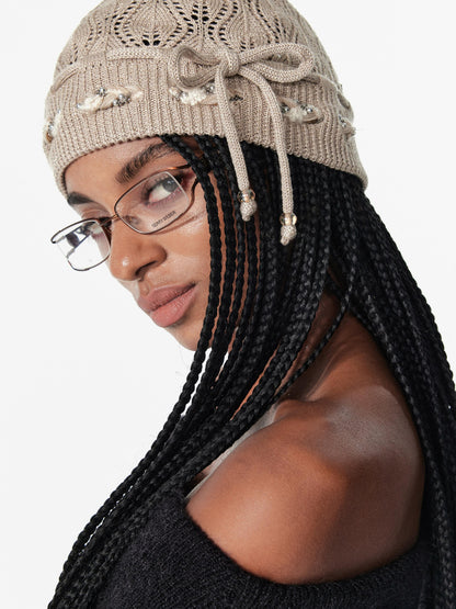 2th Desire Bow Knot Beaded Lace Up Hollow Knit Headband