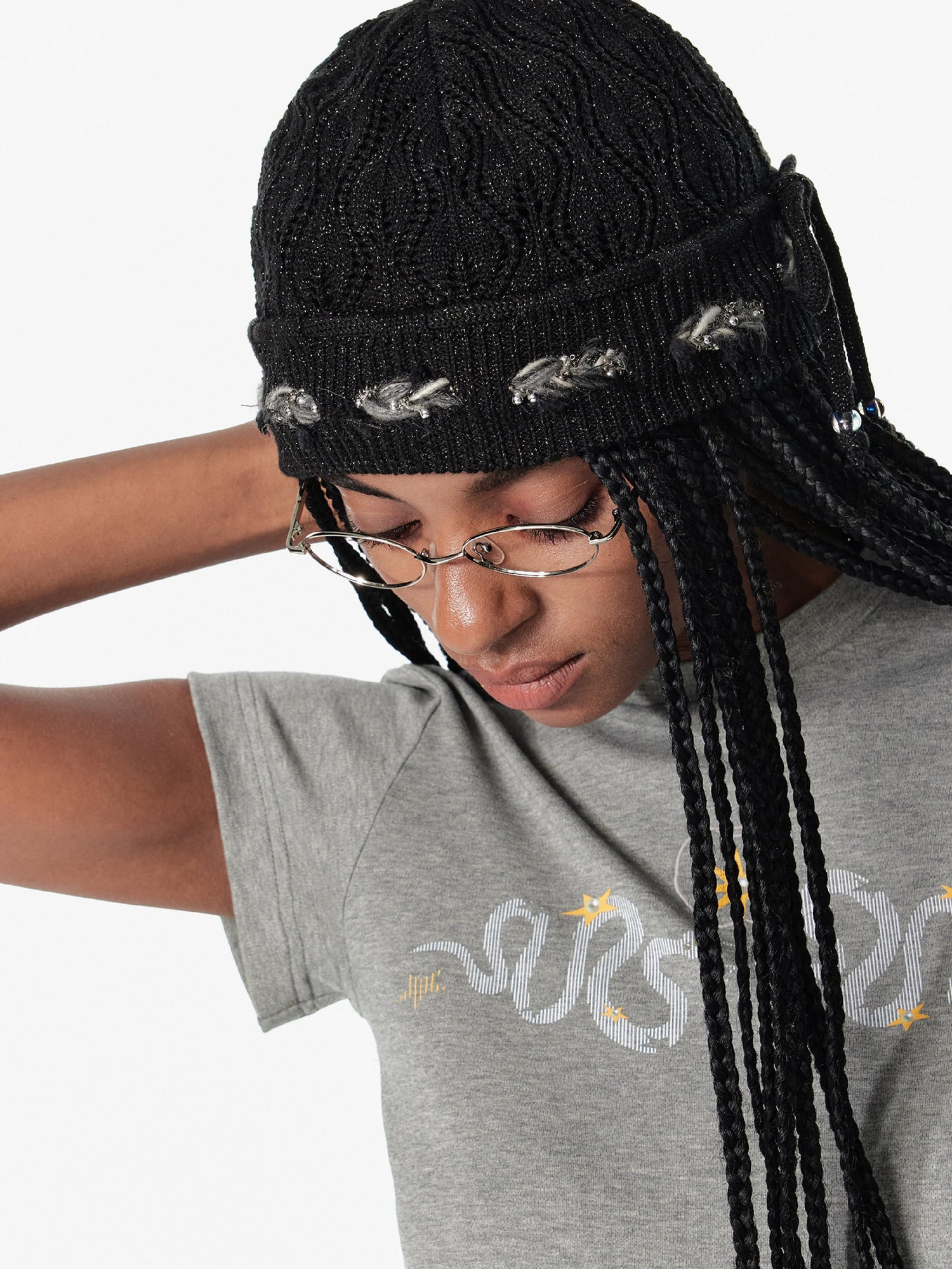 2th Desire Bow Knot Beaded Lace Up Hollow Knit Headband
