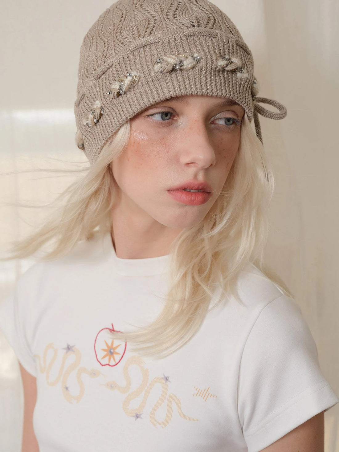 Bow Knot Beaded Lace Up Hollow Knit Headband