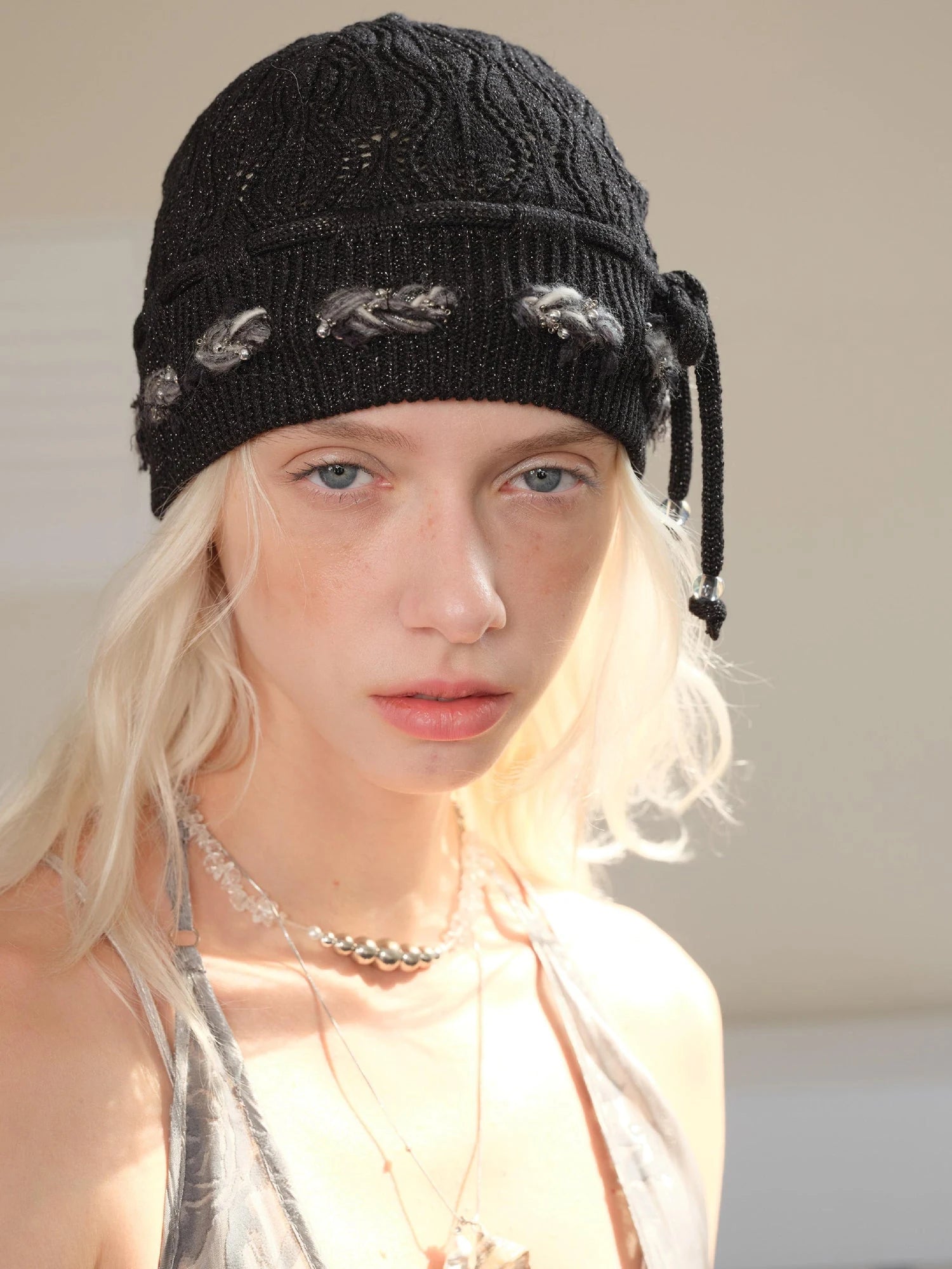 Bow Knot Beaded Lace Up Hollow Knit Headband