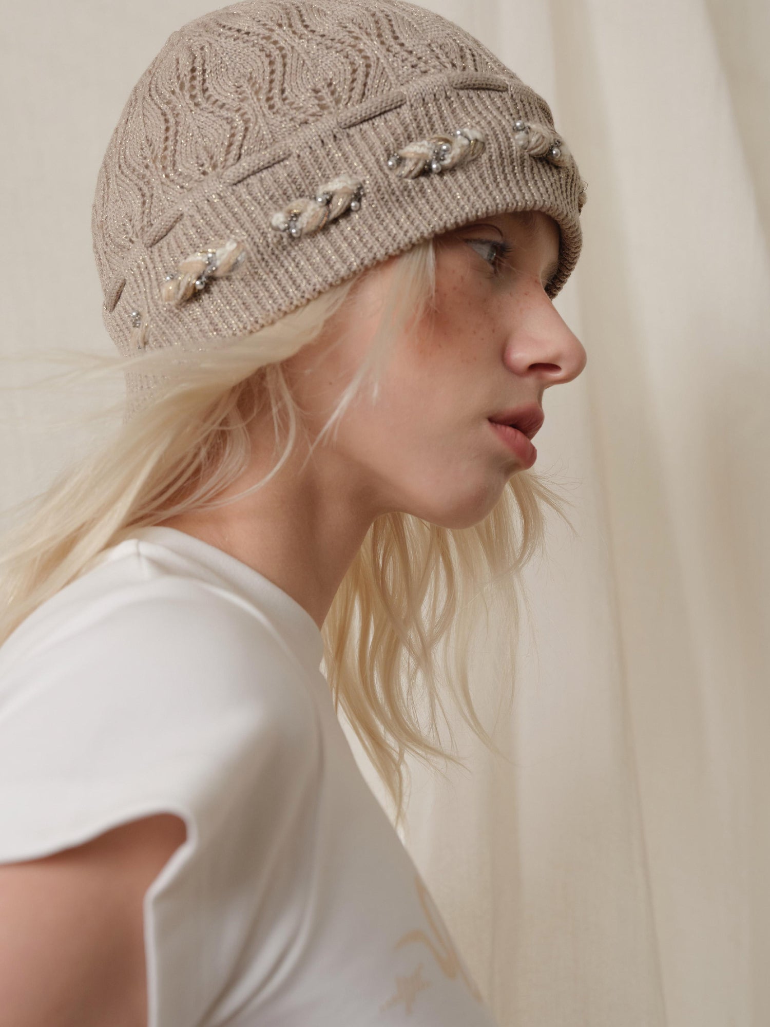 2th Desire Bow Knot Beaded Lace Up Hollow Knit Headband