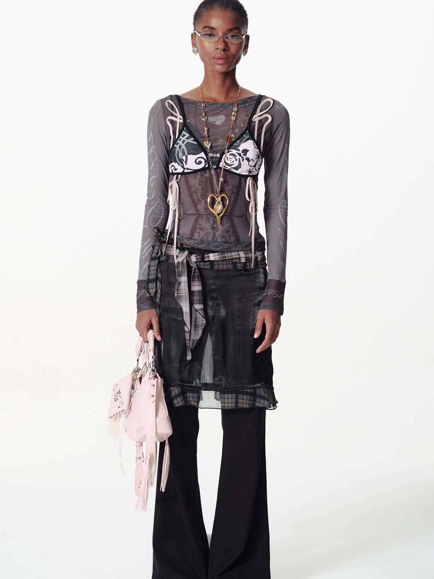 2th Desire Color Block Plaid Ribbon Layered Flare Palazzo Pants