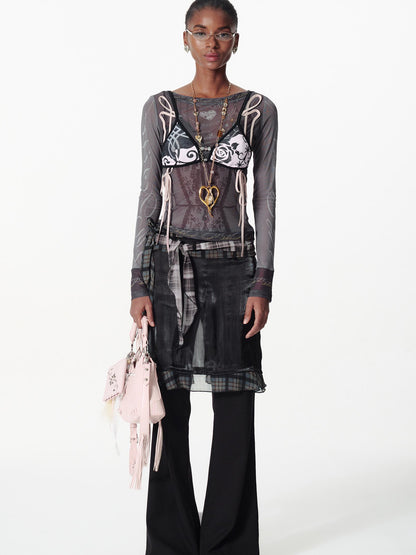 2th Desire Color Block Plaid Ribbon Layered Flare Palazzo Pants