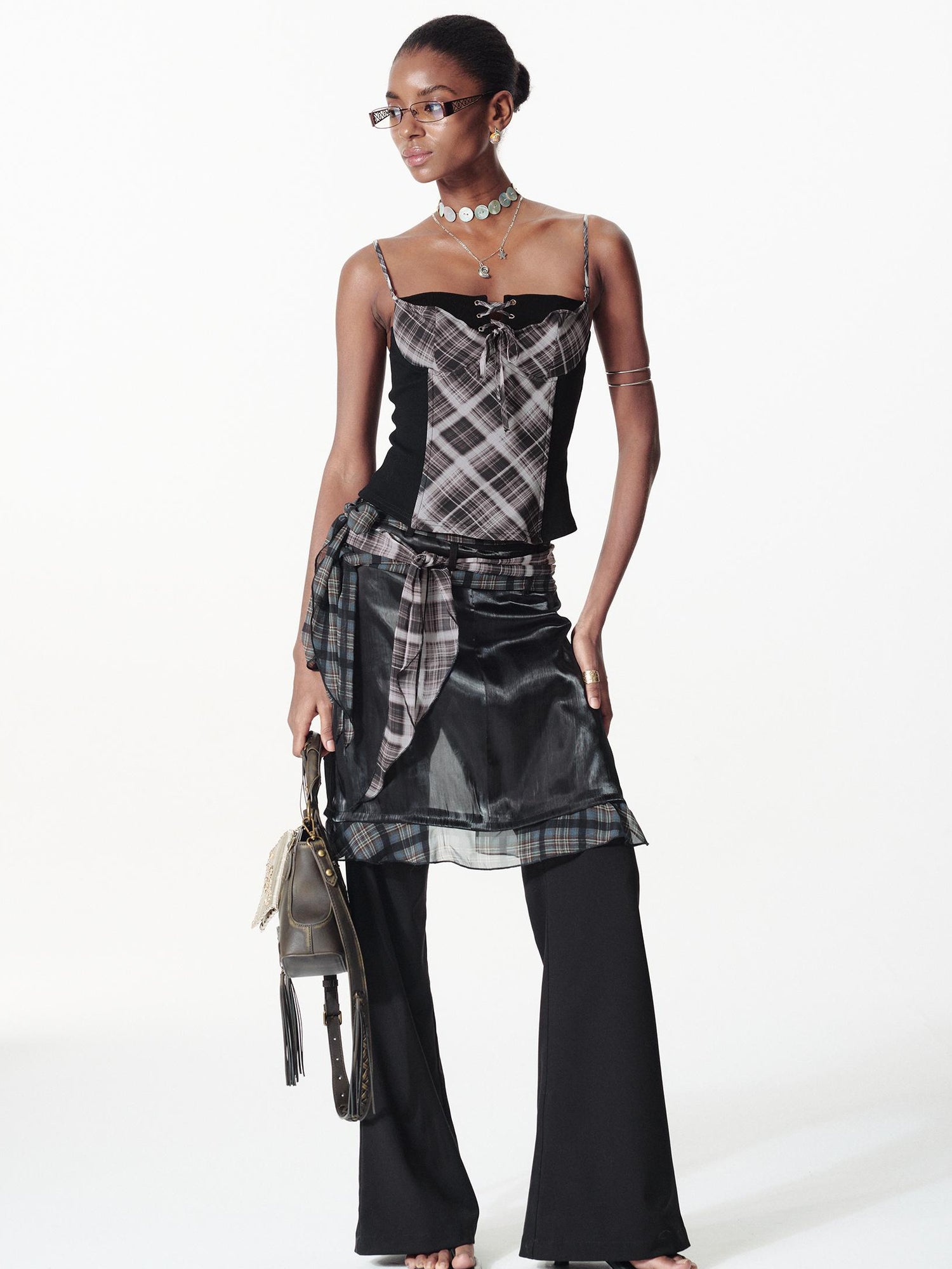 2th Desire Color Block Plaid Ribbon Layered Flare Palazzo Pants