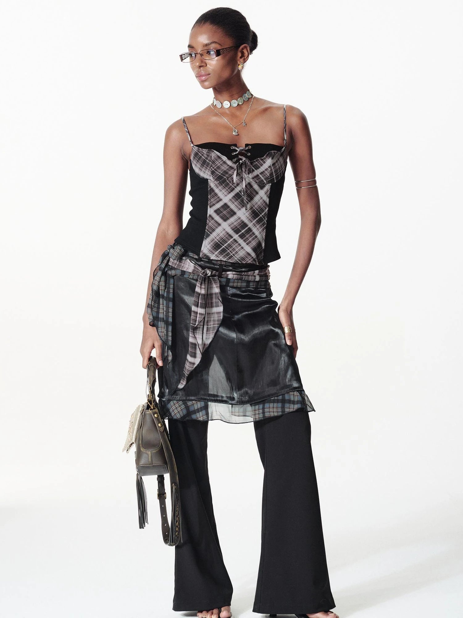 Color Block Plaid Ribbon Layered Flare Palazzo Pants