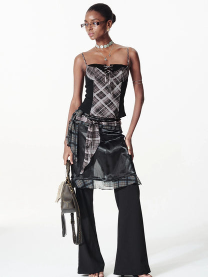 Color Block Plaid Ribbon Layered Flare Palazzo Pants