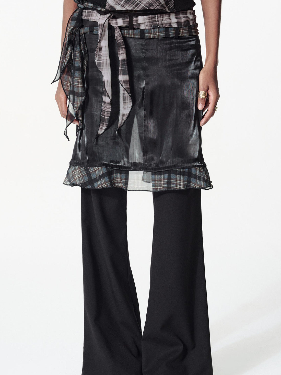 2th Desire Color Block Plaid Ribbon Layered Flare Palazzo Pants