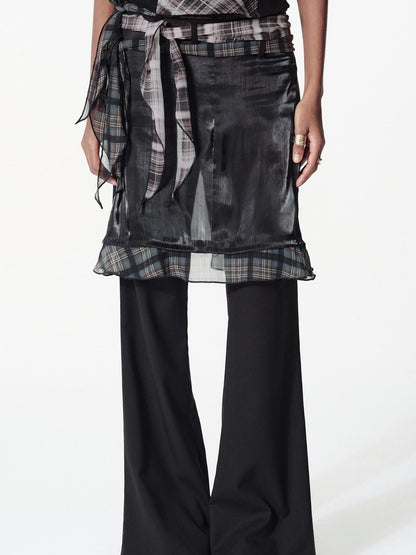 2th Desire Color Block Plaid Ribbon Layered Flare Palazzo Pants