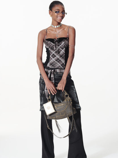 2th Desire Color Block Plaid Ribbon Layered Flare Palazzo Pants