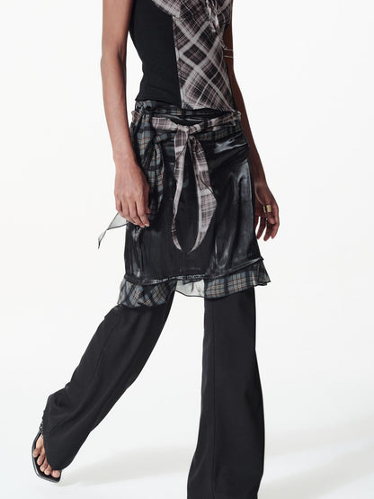 2th Desire Color Block Plaid Ribbon Layered Flare Palazzo Pants