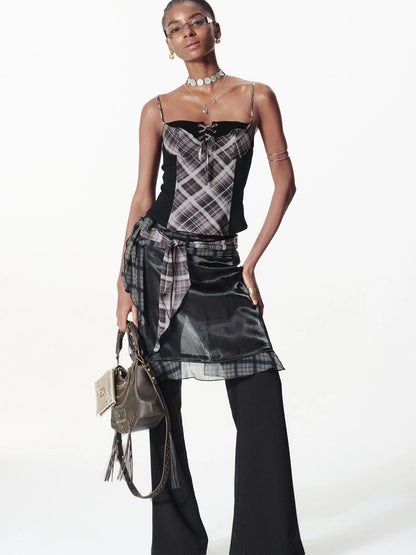 Color Block Plaid Ribbon Layered Flare Palazzo Pants