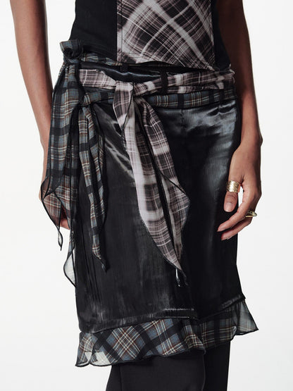 2th Desire Color Block Plaid Ribbon Layered Flare Palazzo Pants