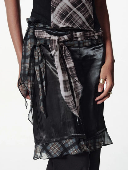 Color Block Plaid Ribbon Layered Flare Palazzo Pants