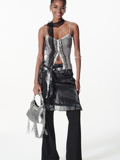 2th Desire Color Block Plaid Ribbon Layered Flare Palazzo Pants